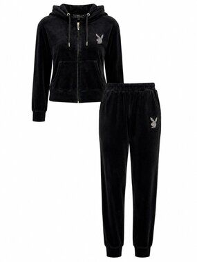 Playboy Black Velour Rhinestone Hoodie & Jogger Set